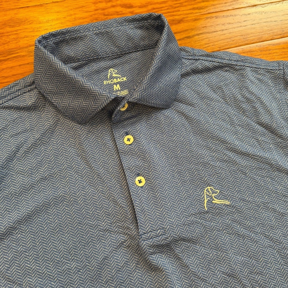 Rhoback Golf Polo Shirt Mens Medium Blue Herringbone Print Performance Stretch